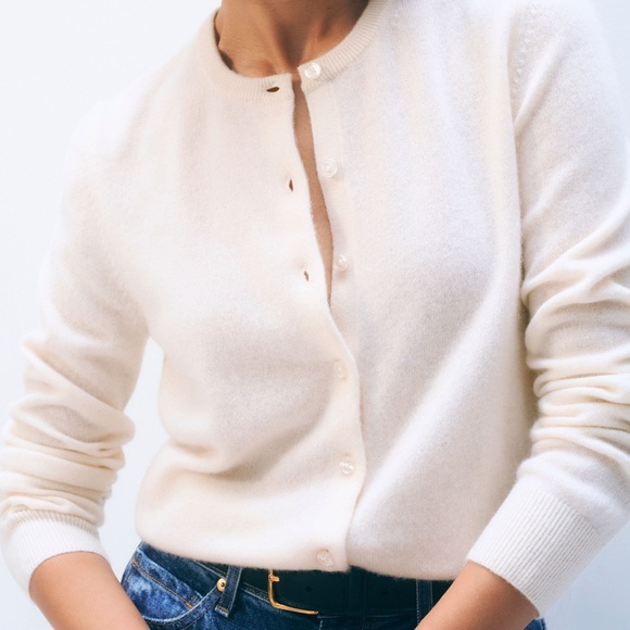 Cream cashmere crewneck cardigan - XS - Picture 3 of 6